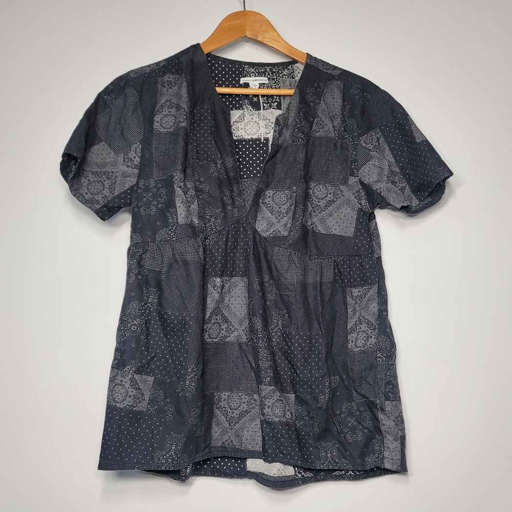 James Perse Black Paisley Patch V Neck Short Sleeve Shirt 3